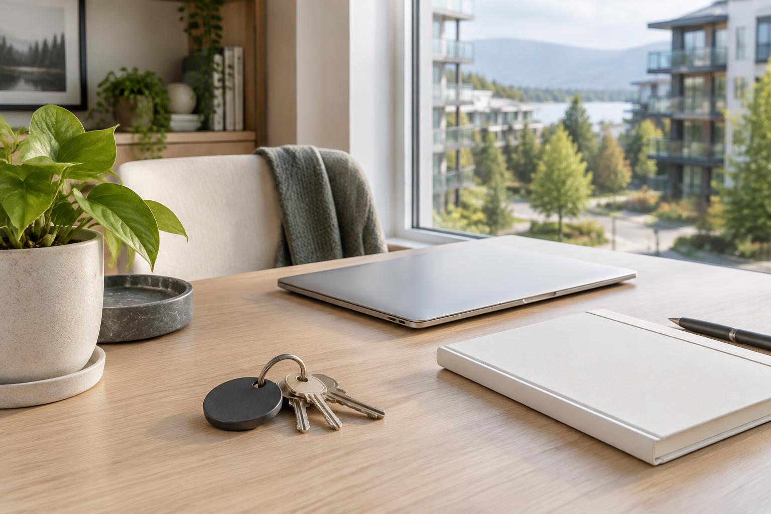 Clés de logement et ordinateur dans un espace de travail lumineux